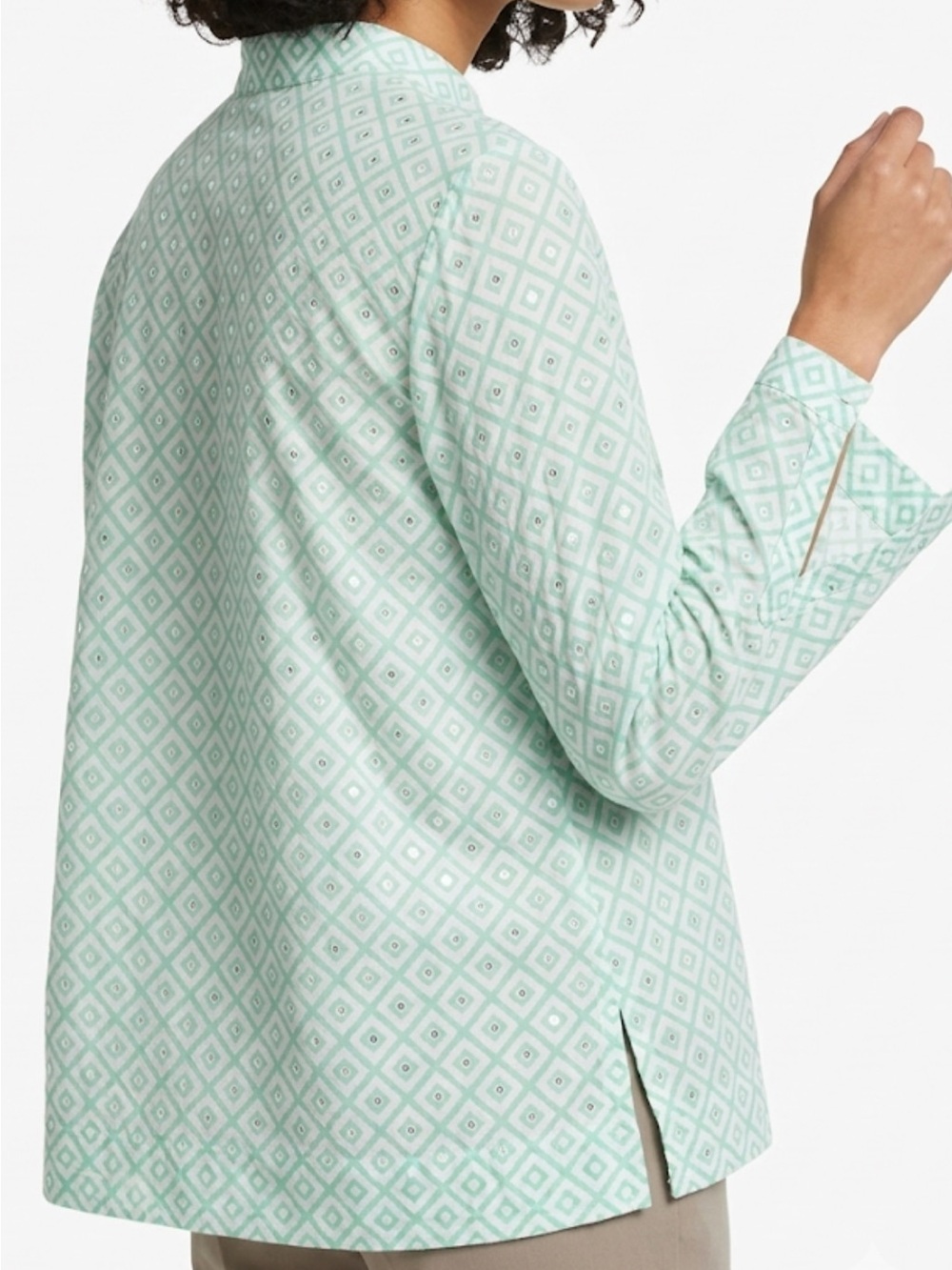 Tory Burch Mint Sequinned Geometric V-Neck Cotton Blouse - Picture 2 of 12